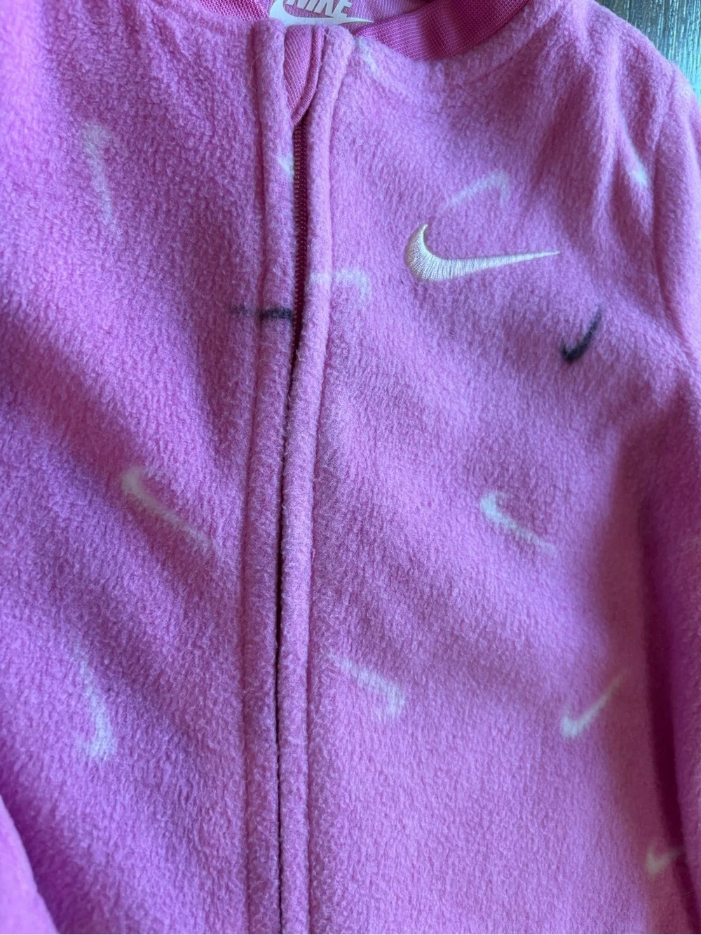 Nike Pink Fleece Footed One-Piece with Swoosh Print